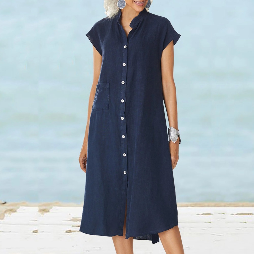 Casual Loose Linen Shirt Dress - فستان نسائي كاجوال أسود بأكمام قصيرة