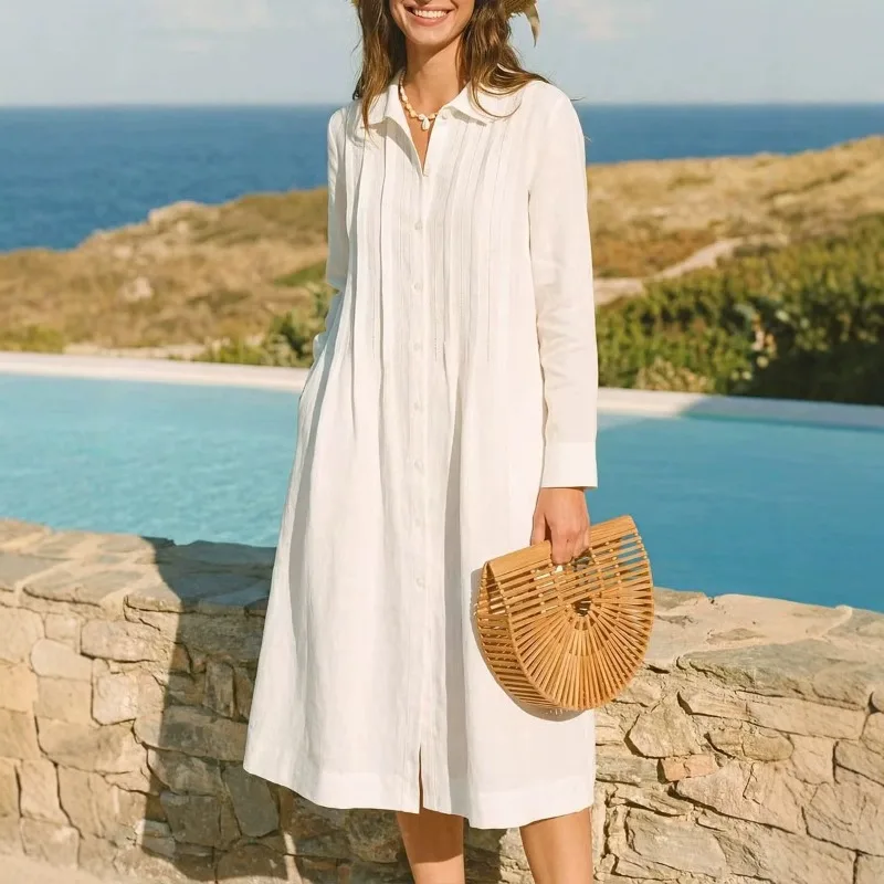 Casual Loose Linen Shirt Dress - فستان طويل أوروبي بقصة فضفاضة، كاجوال