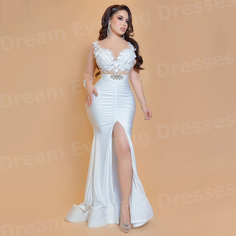 Elegant Satin Evening Gown Split - فساتين سهرة نسائية أنيقة بيضاء بتصميم