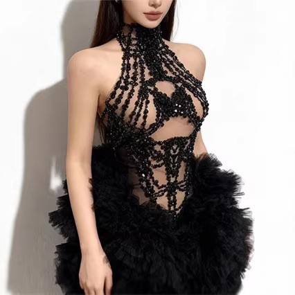 Sparkly Rhinestone Club Party Dress - فستان نسائي قصير لامع مزين بالأحجار