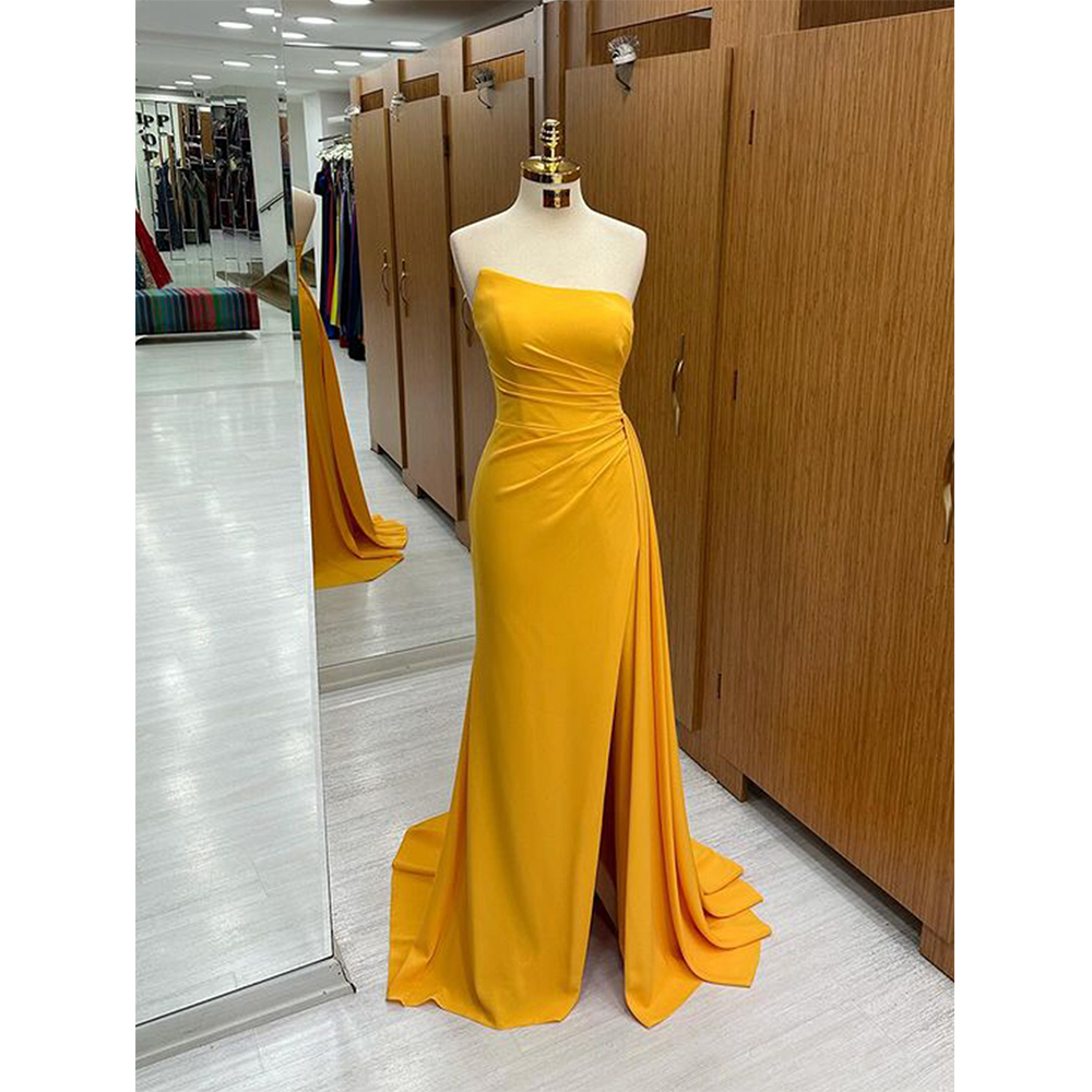 Elegant Satin Evening Gown Split - فساتين سهرة طويلة بدون حمالات من