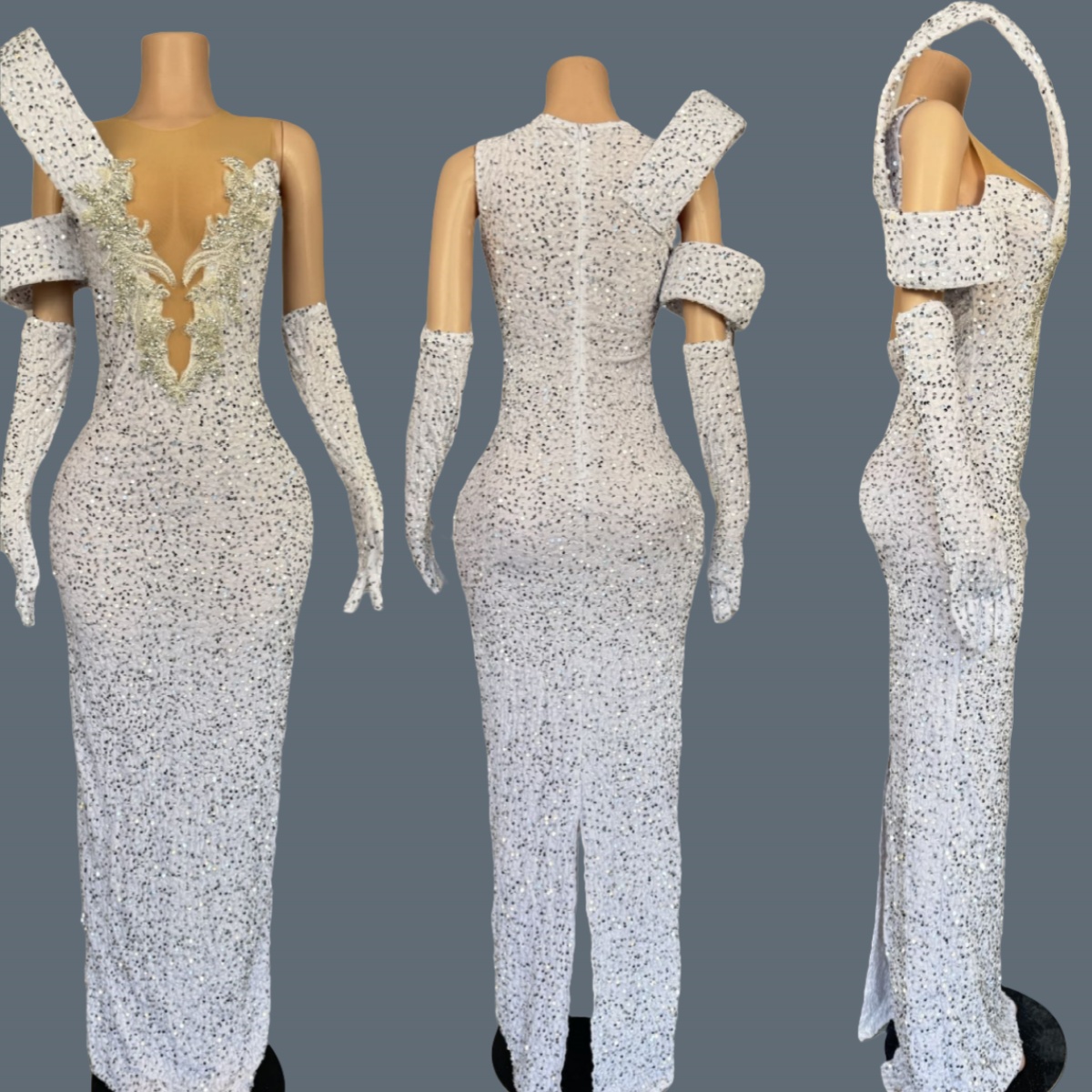 Sparkly Rhinestone Club Party Dress - فستان طويل بياقة V عميقة مرصع