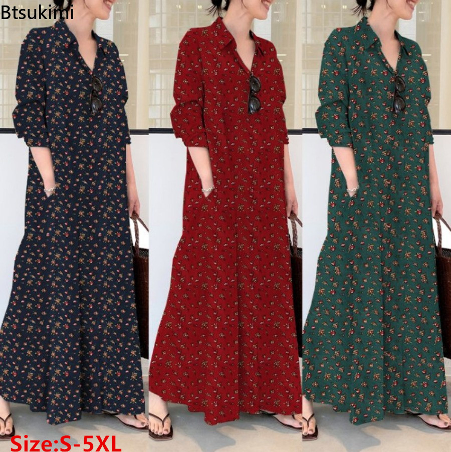 Casual Loose Linen Shirt Dress - فستان نسائي جديد طويل مطبوع من