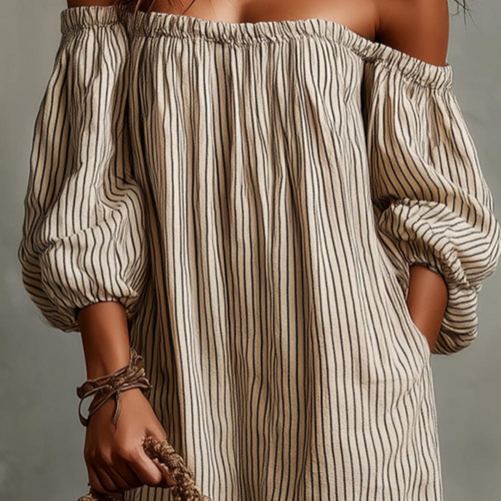 Off Shoulder Puff Sleeve Sundress - فستان ماكسي نسائي صيفي جديد بكتف