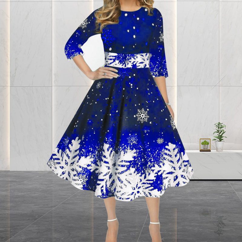 French Vintage Floral Midi Dress - فساتين عيد الميلاد الشتوية للنساء، رداء