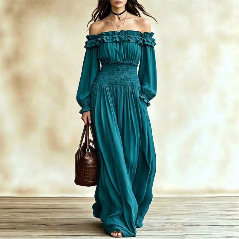 Off Shoulder Puff Sleeve Sundress - فساتين ماكسي نسائية عصرية بدون أكتاف