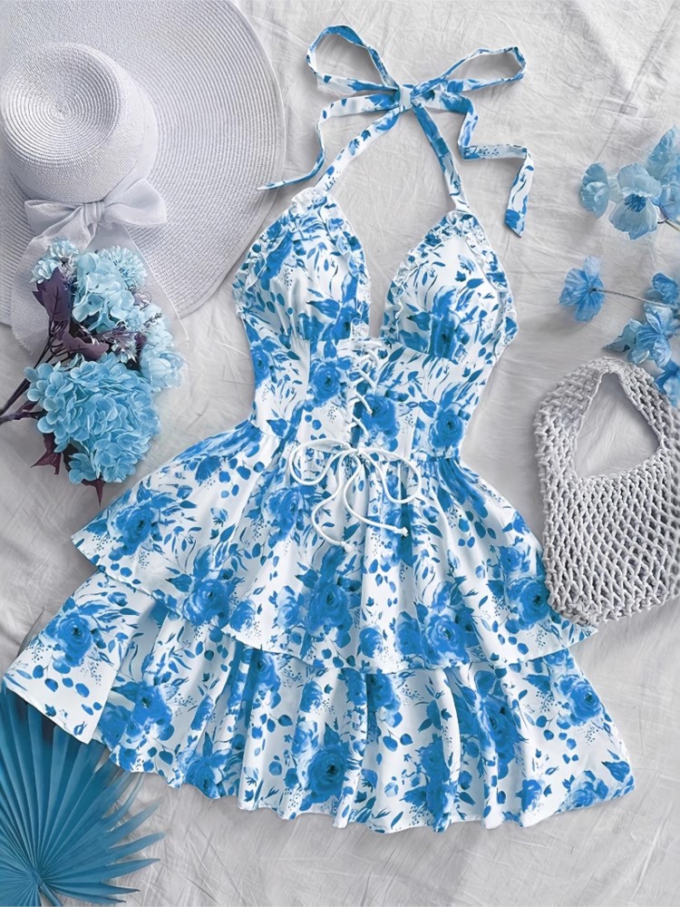French Vintage Floral Midi Dress - فساتين قصيرة نسائية بأسلوب عطلات ريترو،