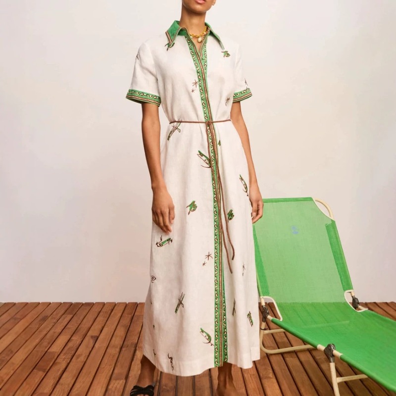 Casual Loose Linen Shirt Dress - فستان قميص ماكسي نسائي جديد أصلي
