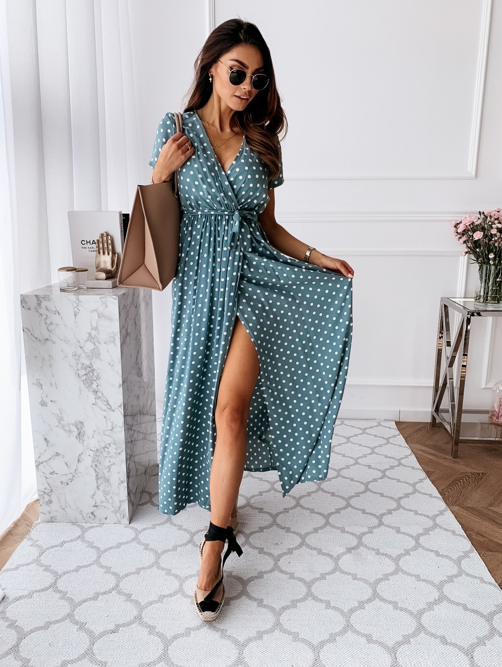 French Vintage Floral Midi Dress - فستان طويل نسائي بأكمام قصيرة برقبة