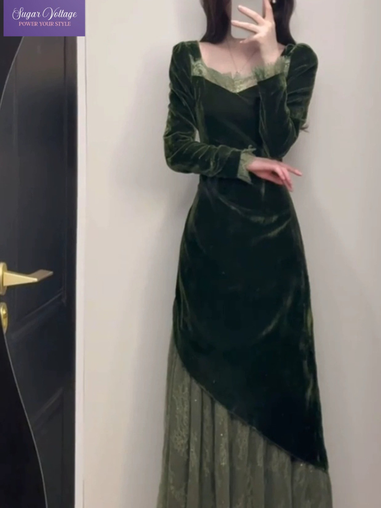 French Vintage Floral Midi Dress - الفرنسية خمر فستان مخملي أنيق المرأة