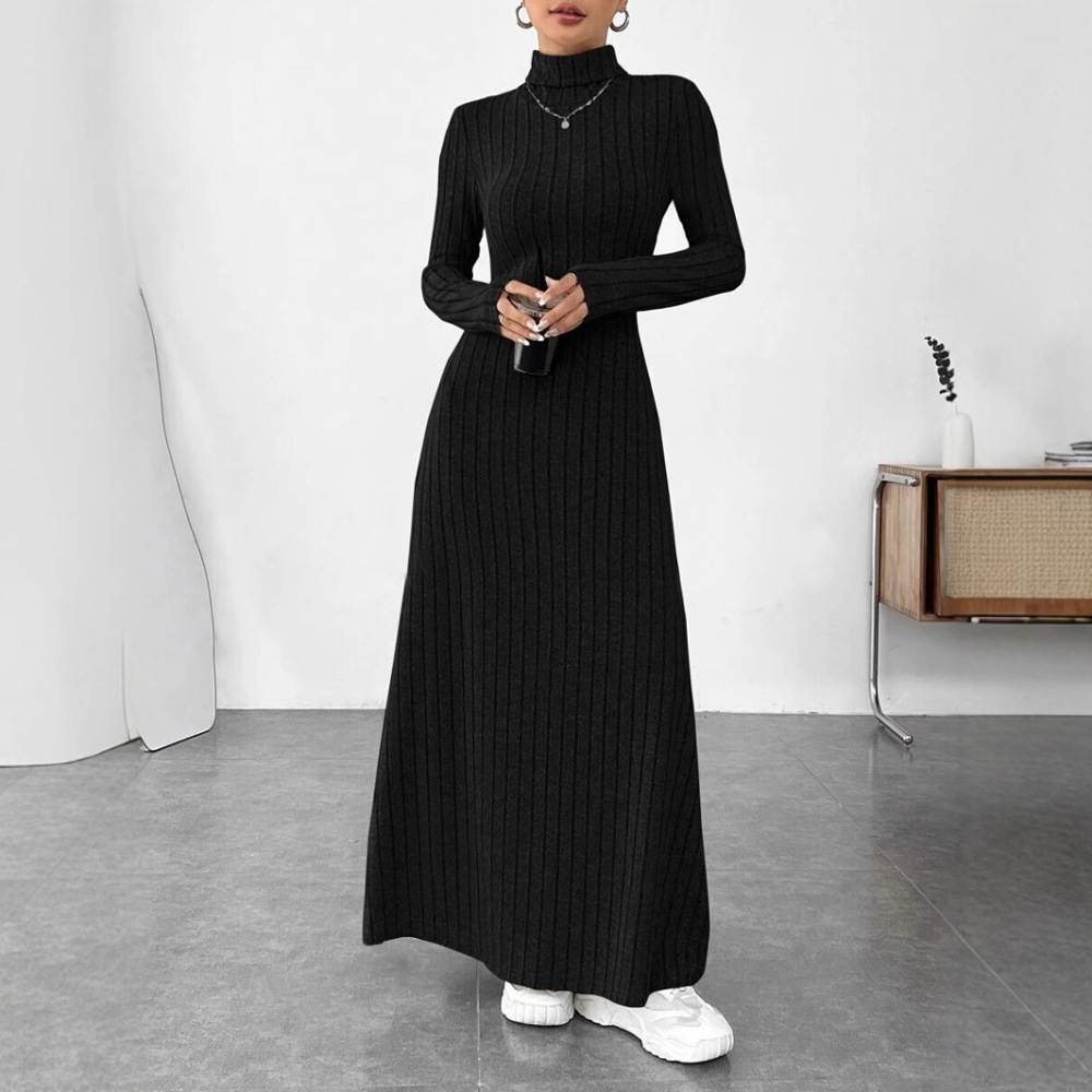 فستان أنيق للخريف بياقة عالية  - مراجعة Bodycon Long Sleeve Ribbed Dress وسعره