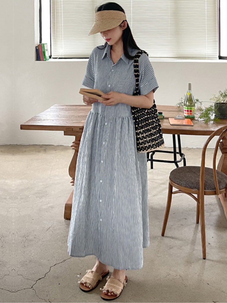 فستان قميص نسائي مخطط بتصميم ك - مراجعة Korean Style A Line Shirt Dress وسعره