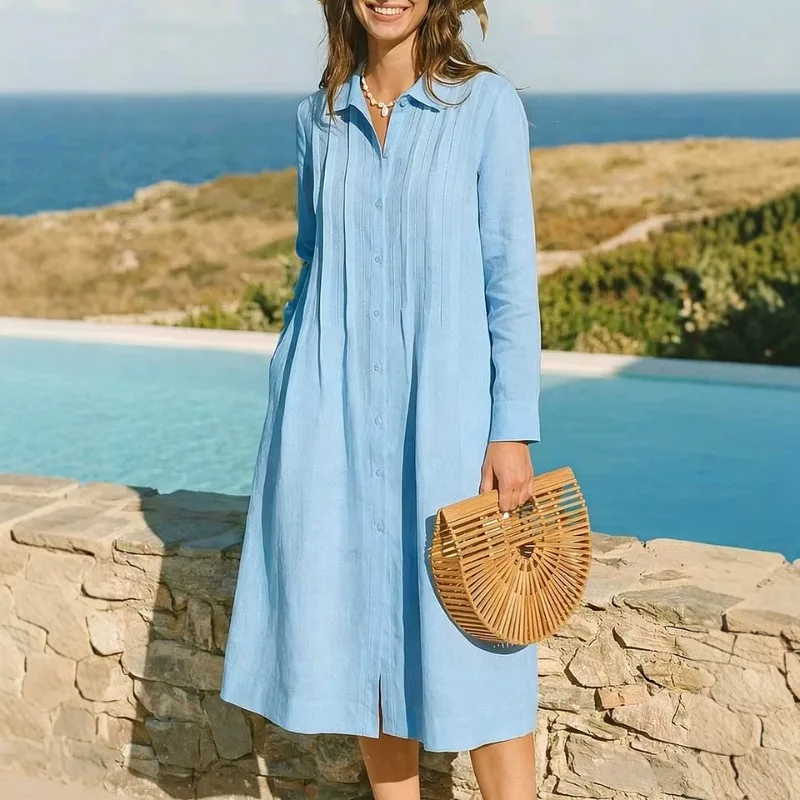 فستان طويل أوروبي بقصة فضفاضة، - مراجعة Casual Loose Linen Shirt Dress وسعره