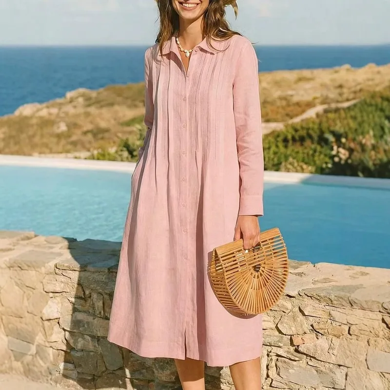 فستان طويل أوروبي بقصة فضفاضة، - مراجعة Casual Loose Linen Shirt Dress وسعره