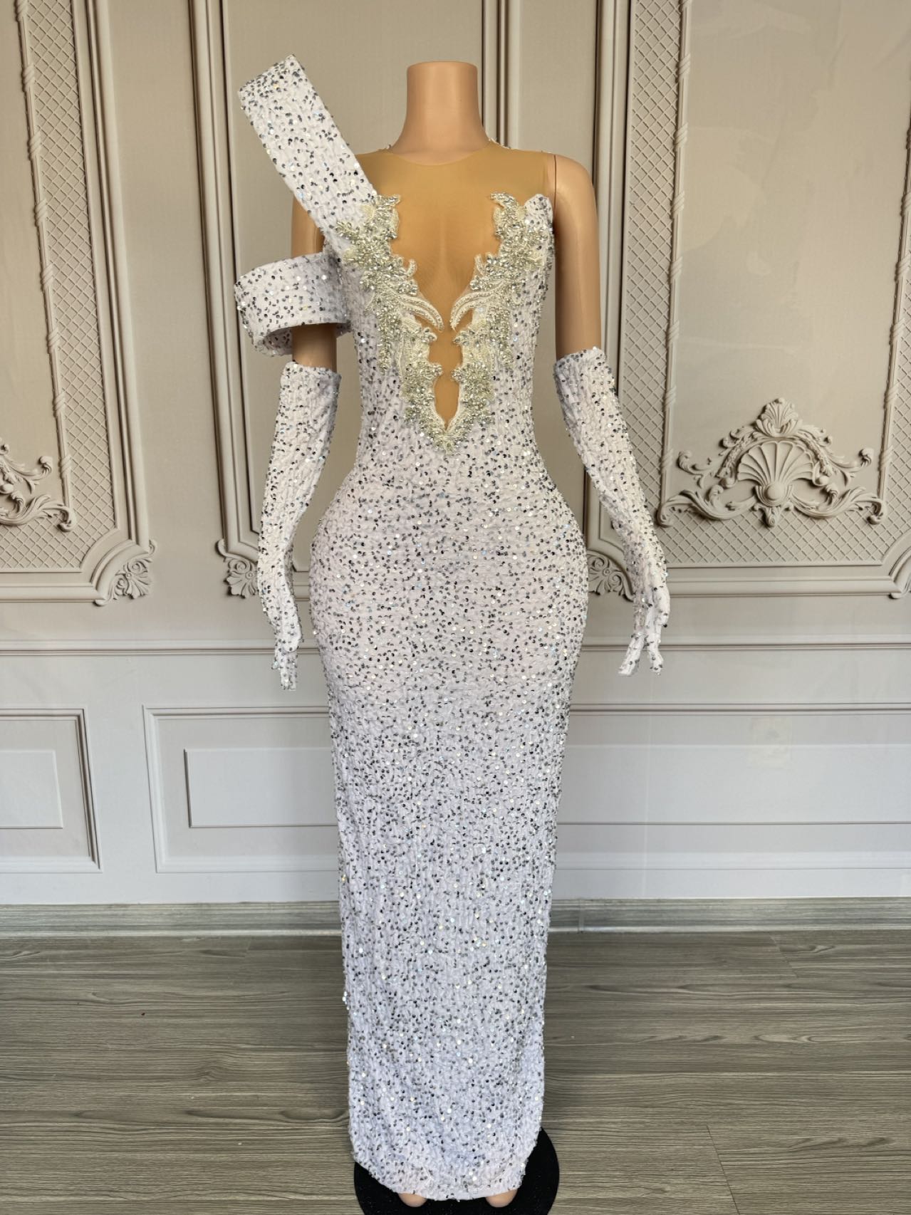 فستان طويل بياقة V عميقة مرصع  - مراجعة Sparkly Rhinestone Club Party Dress وسعره