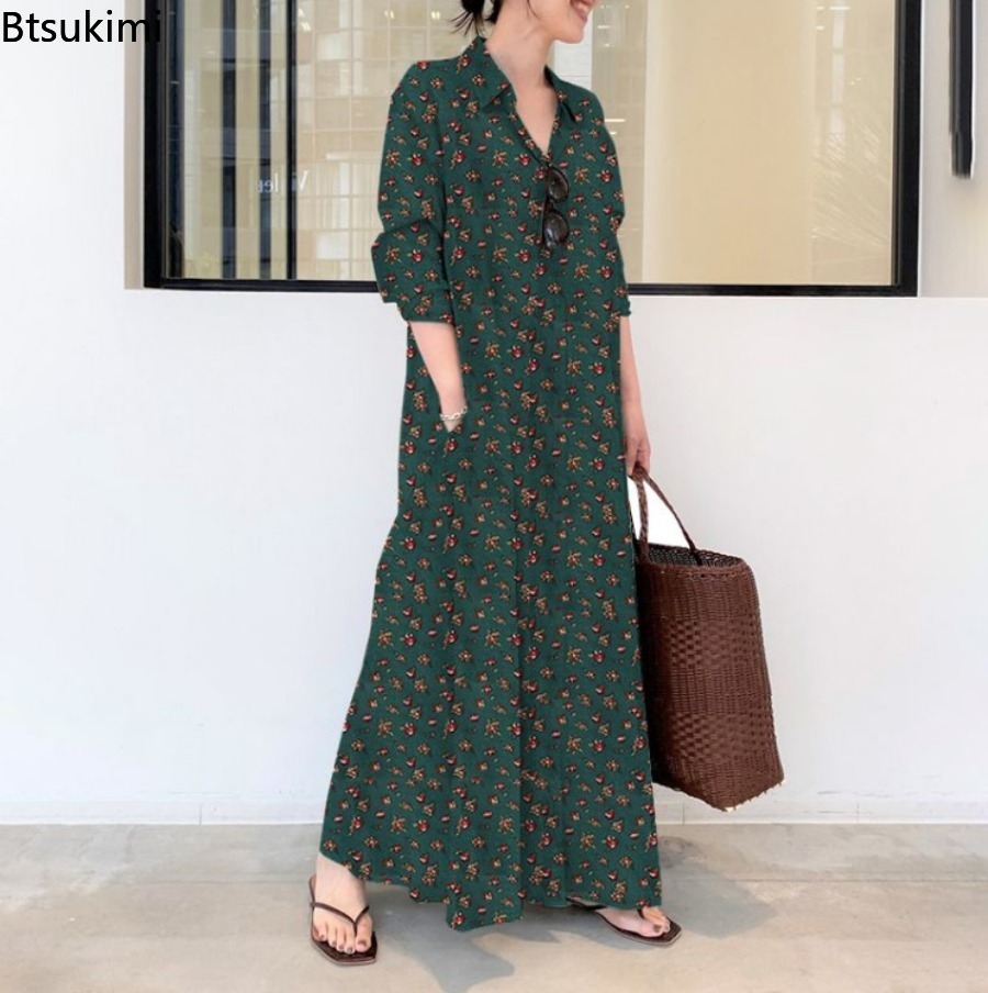 فستان نسائي جديد طويل مطبوع من - مراجعة Casual Loose Linen Shirt Dress وسعره