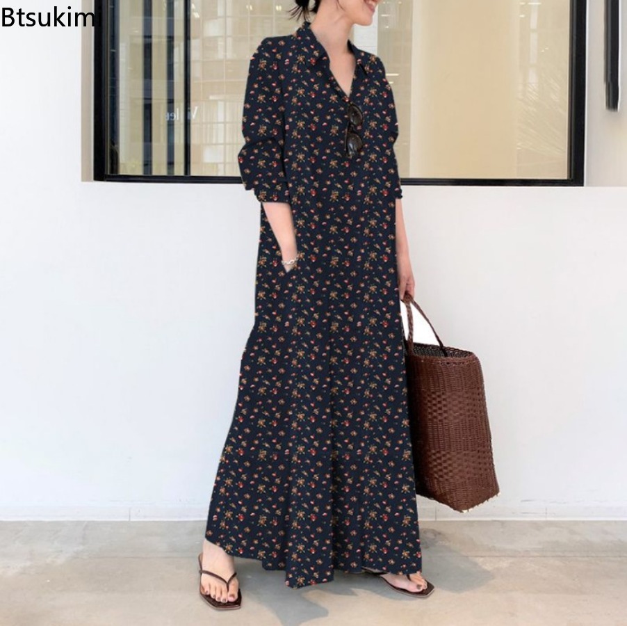 فستان نسائي جديد طويل مطبوع من - مراجعة Casual Loose Linen Shirt Dress وسعره