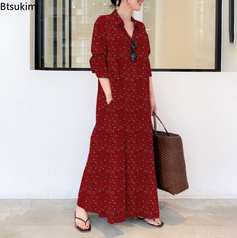 فستان نسائي جديد طويل مطبوع من - مراجعة Casual Loose Linen Shirt Dress وسعره