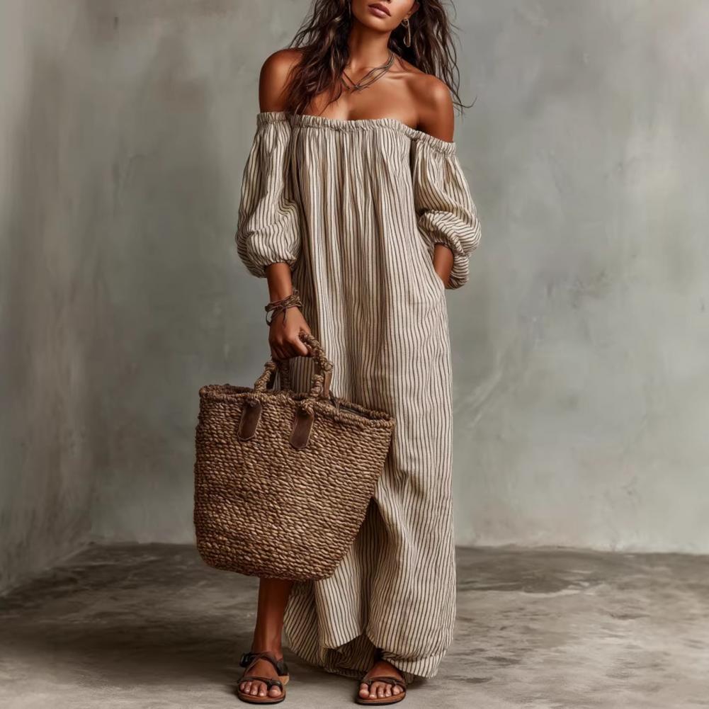 فستان ماكسي نسائي صيفي جديد بك - مراجعة Off Shoulder Puff Sleeve Sundress وسعره