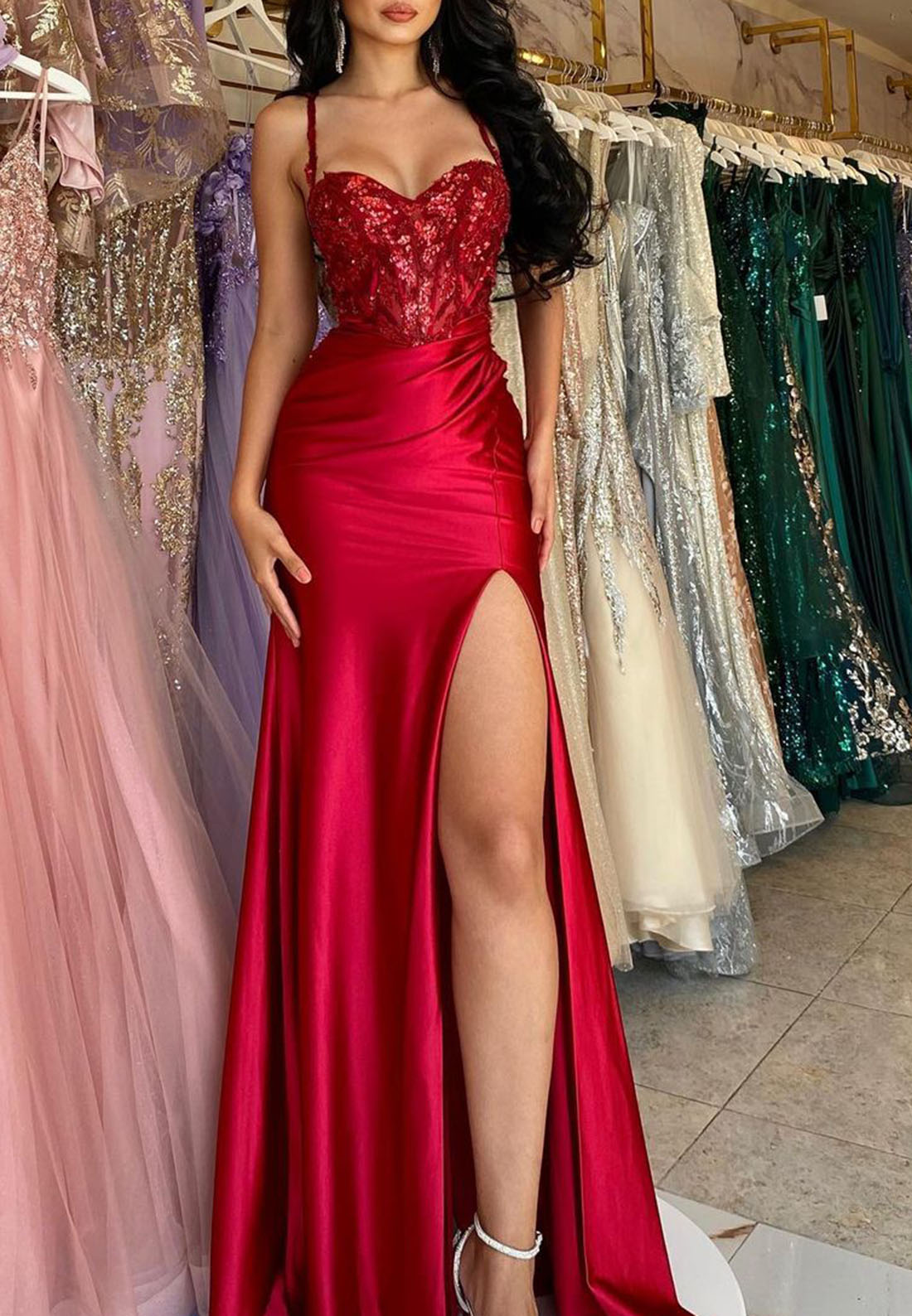 فستان سهرة فاخر أنيق مخصص أحمر - مراجعة Elegant Satin Evening Gown Split وسعره
