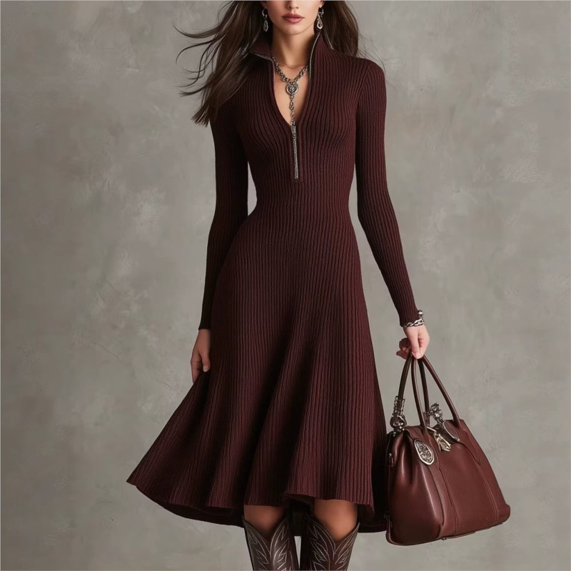 فستان نسائي متوسط الطول من قما - مراجعة Bodycon Long Sleeve Ribbed Dress وسعره