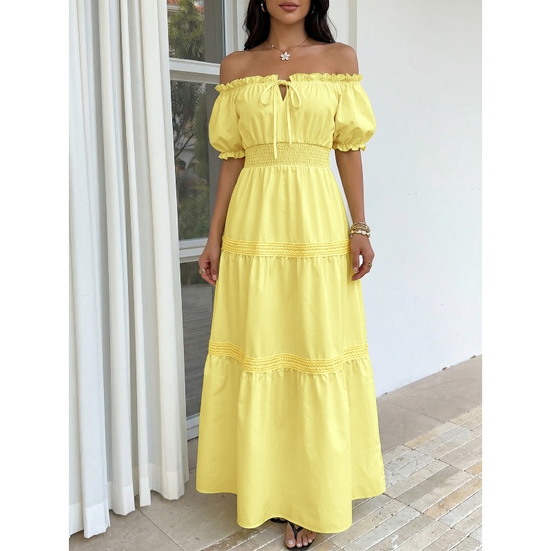 فستان صيفي بوهيمي نسائي أصفر ب - مراجعة Off Shoulder Puff Sleeve Sundress وسعره