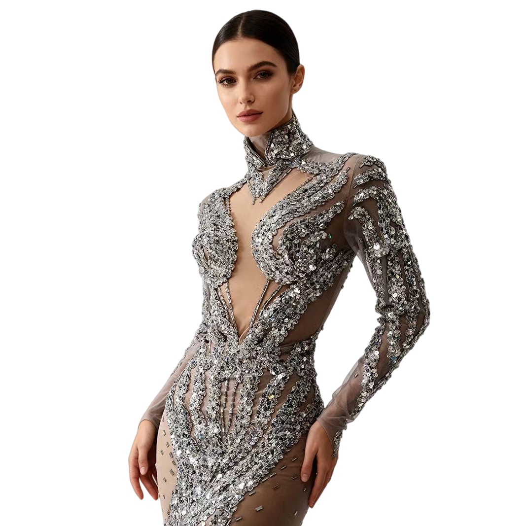 فستان فضي سباركلي ترتر شفاف من - مراجعة Sparkly Rhinestone Club Party Dress وسعره