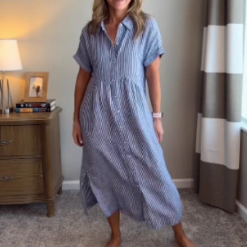 فستان قميص مخطط للنساء، فضفاض، - مراجعة Casual Loose Linen Shirt Dress وسعره