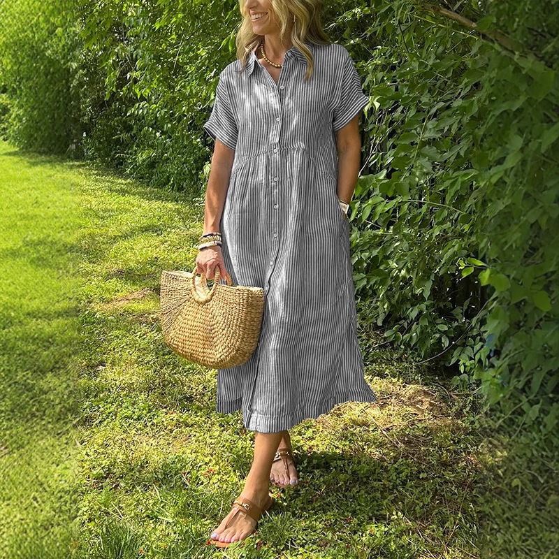 فستان قميص مخطط للنساء، فضفاض، - مراجعة Casual Loose Linen Shirt Dress وسعره