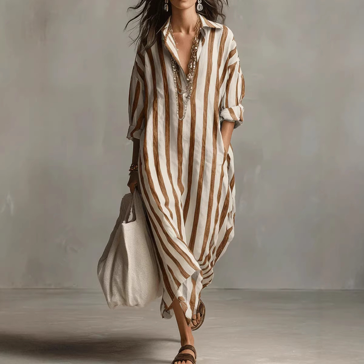 فساتين صيفية أنيقة بياقة مقلوب - مراجعة Casual Loose Linen Shirt Dress وسعره