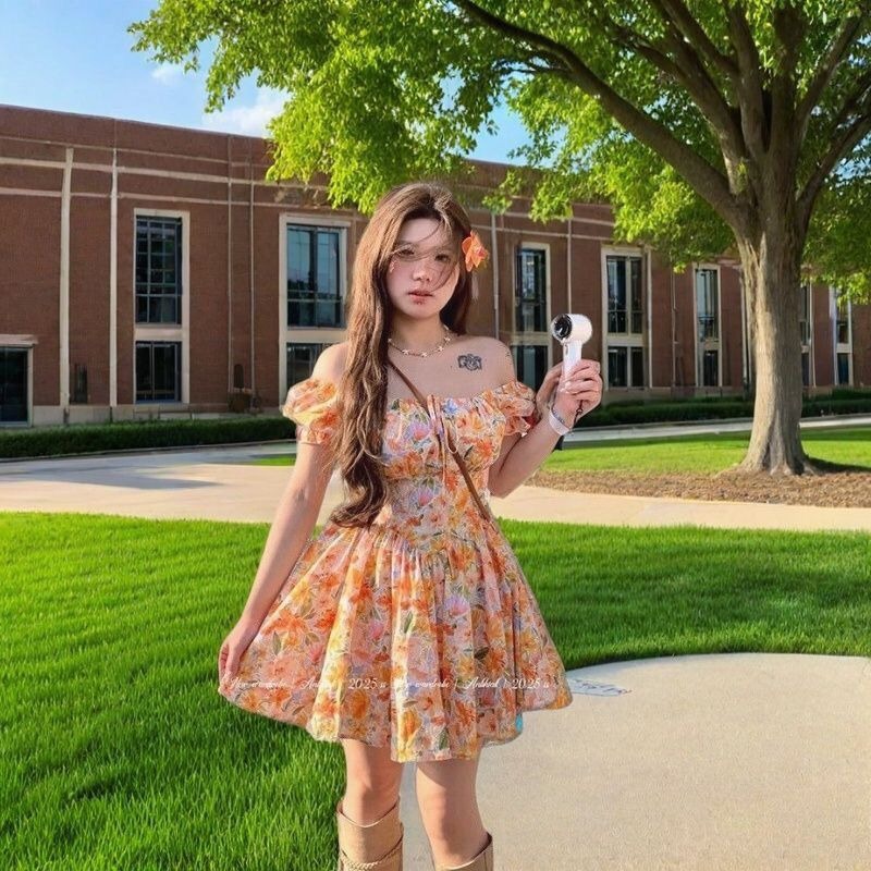 فستان قصير برتقالي مطبوع بالزه - مراجعة Off Shoulder Puff Sleeve Sundress وسعره