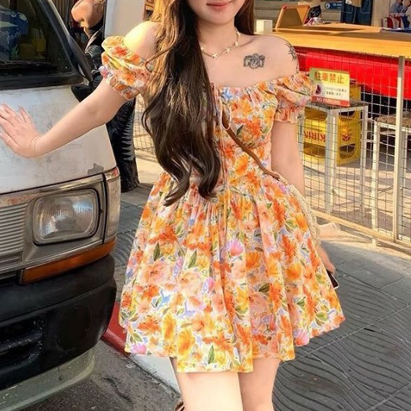فستان قصير برتقالي مطبوع بالزه - مراجعة Off Shoulder Puff Sleeve Sundress وسعره